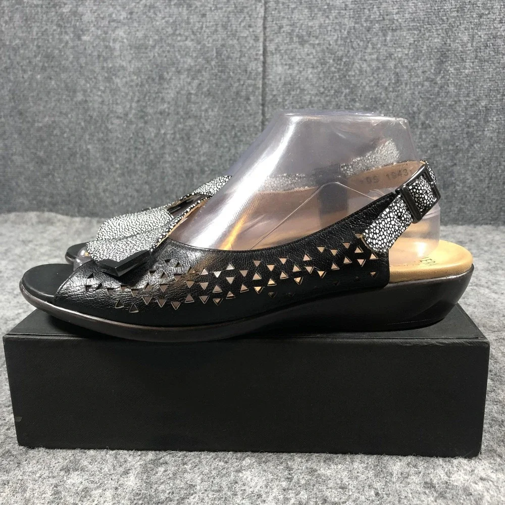 Ziera Womens 10.5 Black Leather Slingback Wedge Sandals Comfort